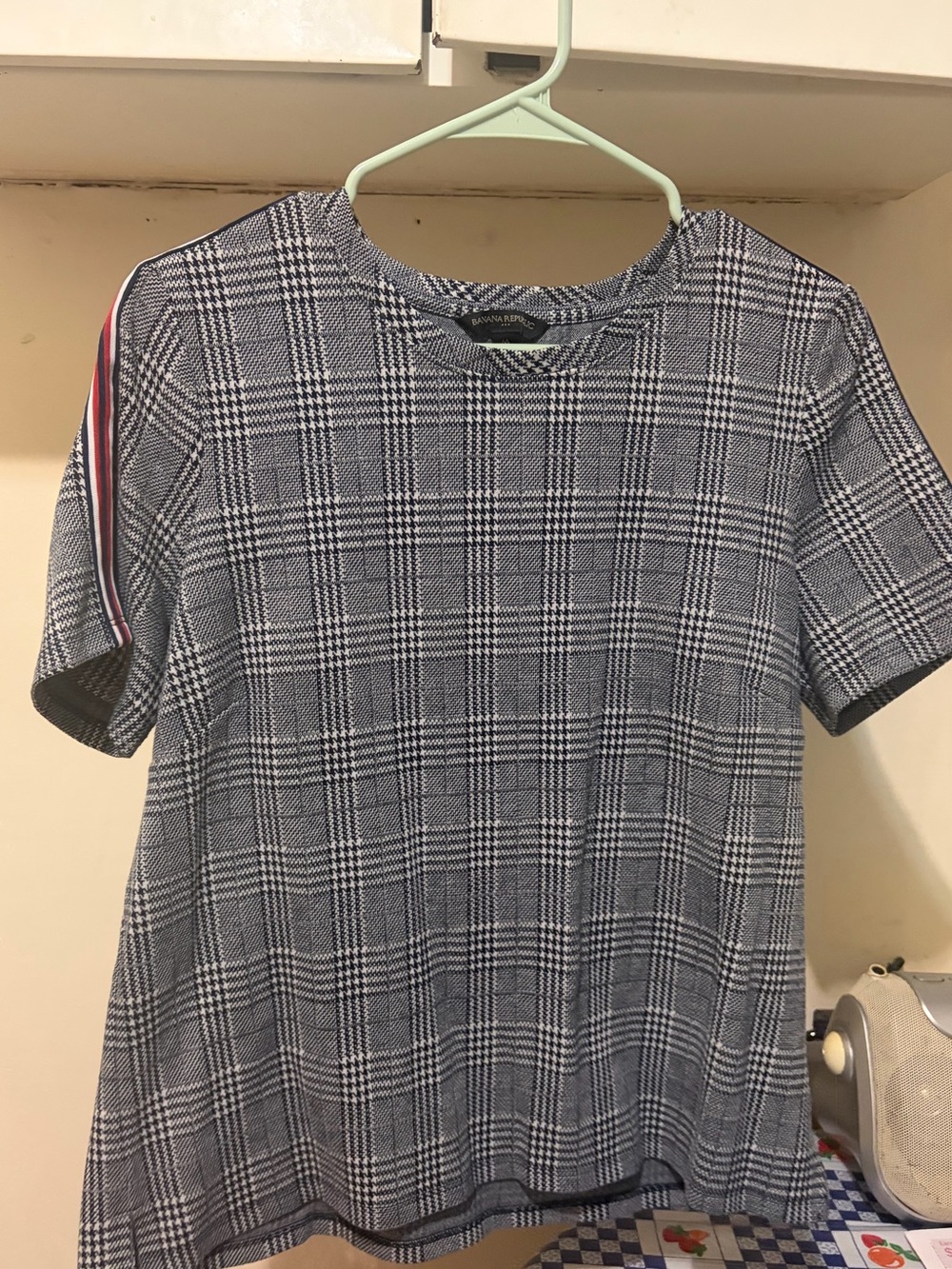 Banana Republic Black & White Plaid Short-Sleeve Top with Side Stripe